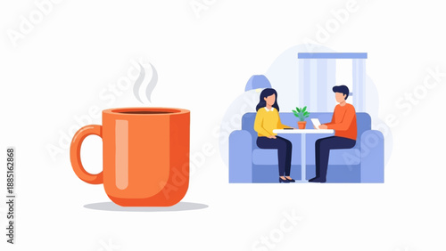 A steaming orange coffee mug beside a couple conversing on a sofa