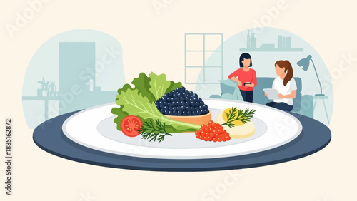 A plate of caviar, eggs, and greens is served to two women in a living room setting