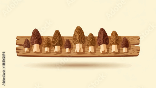 Wallpaper Mural A row of assorted morel mushrooms displayed on a wooden board Torontodigital.ca