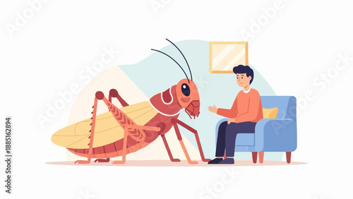 A man sits in a blue armchair, looking at a large grasshopper