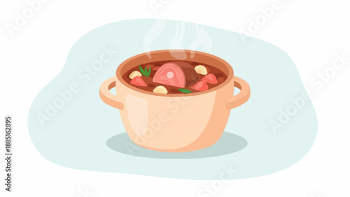 A steaming pot of hearty stew with meat, vegetables, and herbs