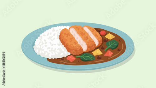 A plate of crispy fried cutlet with rice and savory curry sauce