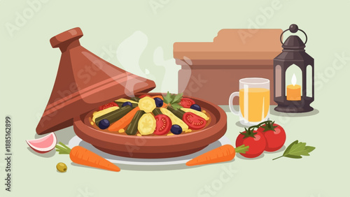 A steaming earthenware pot filled with vegetables sits next to a drink