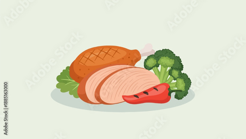 A plate of roasted chicken, sliced turkey, broccoli, and bell pepper