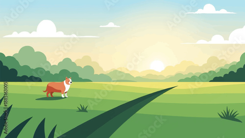 A lone corgi stands in a grassy field at sunrise, with rolling hills and clouds