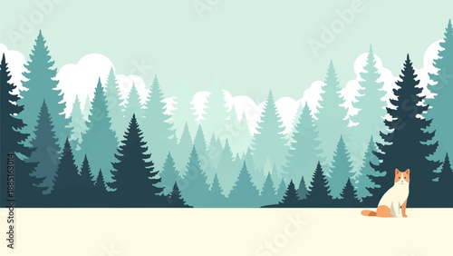 A lone cat sits peacefully in a serene, misty pine forest under a pale sky
