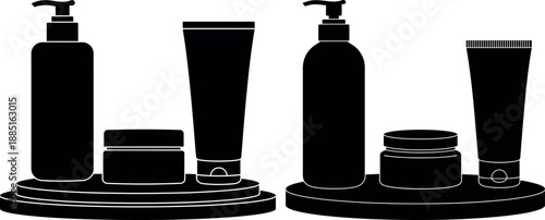 Cosmetic product packaging silhouettes on display podiums