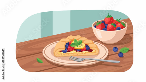 A rustic, fruit-filled pastry sits on a plate with a bowl of fresh berries