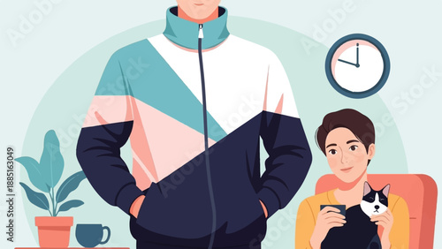 A person in a colorful jacket stands, a person holds a cat, and a plant sits nearby