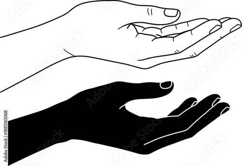 Open cupped hands vector line art and black silhouette