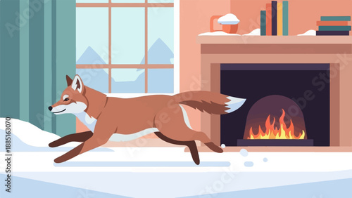 A running fox in a cozy winter scene with a fireplace and snowy window