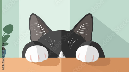 A playful black and white cat peeks over a table with green background