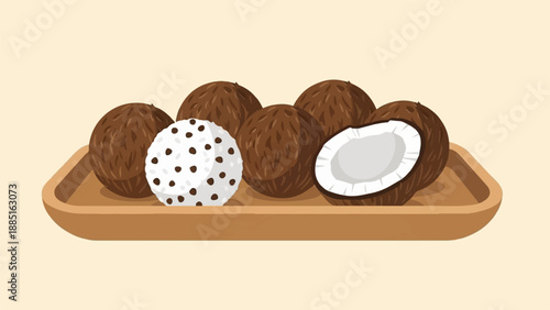 A platter of coconuts, some whole, one halved, and a dotted round confection