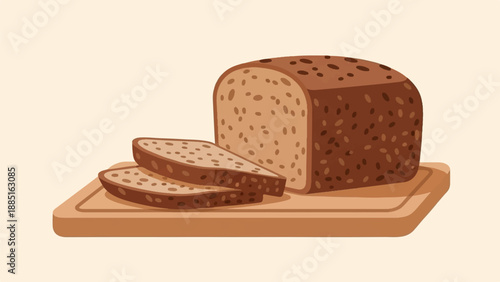 A loaf of dark, seeded bread sliced on a wooden cutting board