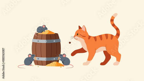 A playful cat watches mice nibble cheese from a wooden barrel