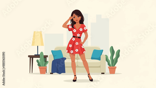 A stylish woman in a floral red dress poses in a minimalist living room