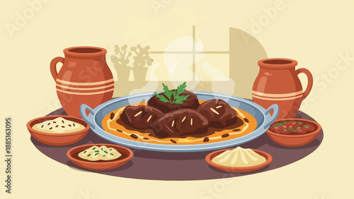 Wallpaper Mural A rustic spread of stewed meat, dips, and clay pots is artfully arranged Torontodigital.ca