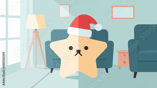 A sad star wearing a Santa hat sits in a room with furniture