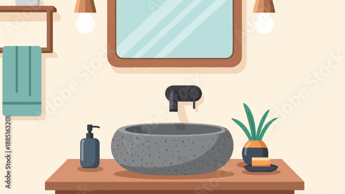A minimalist bathroom sink area with a stone basin, dispenser, and plant