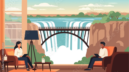 A scenic waterfall view from cozy indoor seating with people using devices