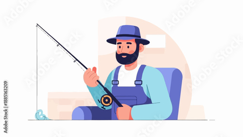 A person in overalls and hat fishes from a chair, with a bobber in water