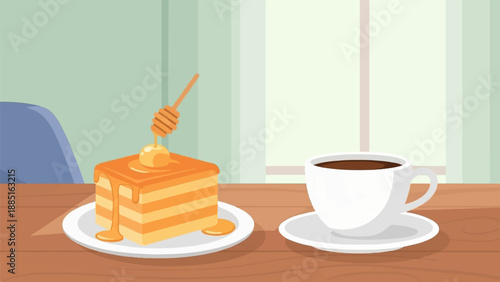 A layered cake with dripping honey and a cup of coffee on a table