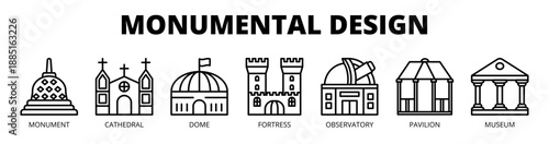 Monumental Design web banner icon vector illustration concept with icons of monument, cathedral, dome, fortress, observatory, pavilion, and museum.