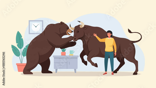A person observes a bear and bull interacting in an indoor setting