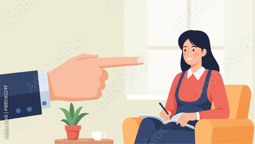 A pointing finger directs a focused woman writing in a notebook