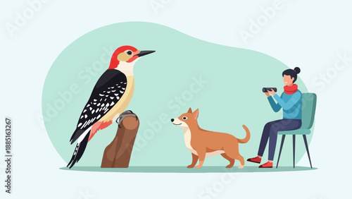 A person observes a perched woodpecker and a small dog on a neutral background
