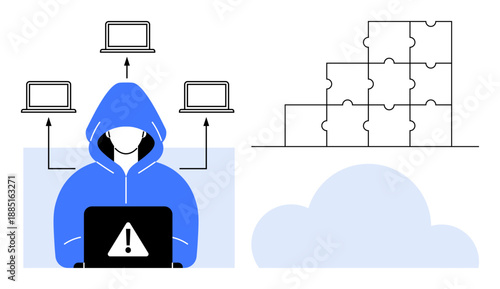 Cybersecurity concept. Cybersecurity threats ed by a hacker with warning symbols, systems, and connected networks. Cybersecurity ensuring data safety. For IT, cloud solutions, data protection