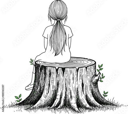 Professional vector illustration of a girl sitting on a large tree stump with emerging green sprouts and moss.