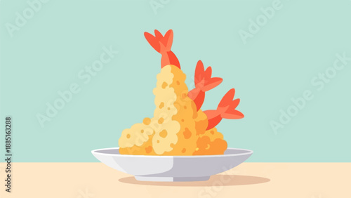 A minimalist illustration of three battered and fried shrimp in a white bowl
