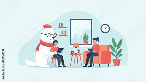A polar bear with a hat and scarf watches two people on tablets