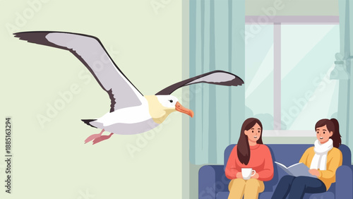 A large seabird soars by as two women relax indoors on a couch