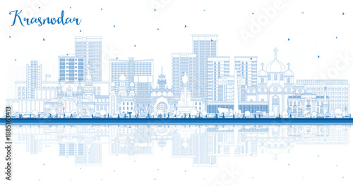 Outline Krasnodar Russia city skyline with blue buildings and reflections. Illustration. Krasnodar cityscape with landmarks. Business travel and tourism concept with modern and historic architecture.