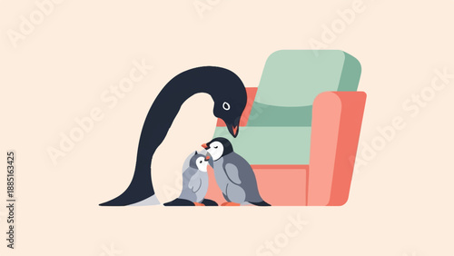 A large penguin bends down to nuzzle two smaller penguins by a couch