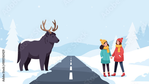 A large moose stands on a snowy road next to two girls