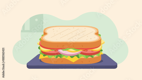 A large, layered sandwich on a purple plate, with abstract background shapes