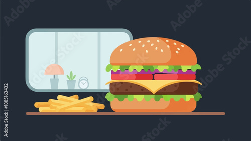 A large, layered burger and fries sit on a shelf next to a window