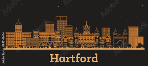 Outline Hartford Connecticut USA City Skyline with orange Buildings. Illustration. Business Travel and Concept with Historic Architecture. Hartford Cityscape with Landmarks.