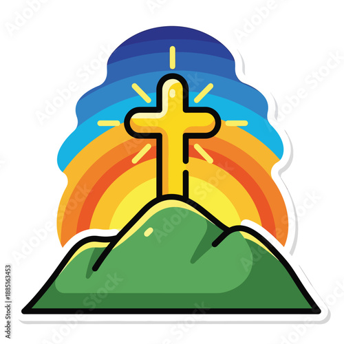 A cross on a hill with a rainbow background