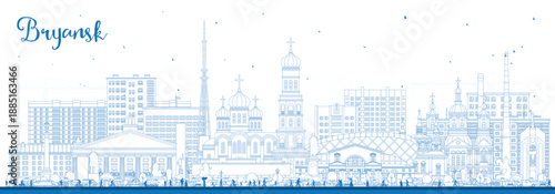 Outline Bryansk Russia city skyline with blue buildings. Illustration. Bryansk cityscape with landmarks. Business travel and tourism concept with modern and historic architecture.