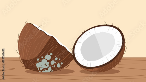 A moldy coconut split in half lies on a wooden surface