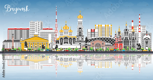 Bryansk Russia city skyline with color buildings, blue sky and reflections. Illustration. Bryansk cityscape with landmarks. Travel and tourism concept with modern and historic architecture.