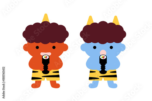 節分の鬼の子どもたちが恵方巻きを食べるかわいい日本の行事イラスト