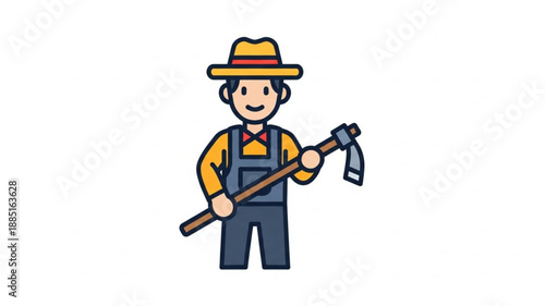 Cartoon farmer holding a hoe wearing overalls and hat.