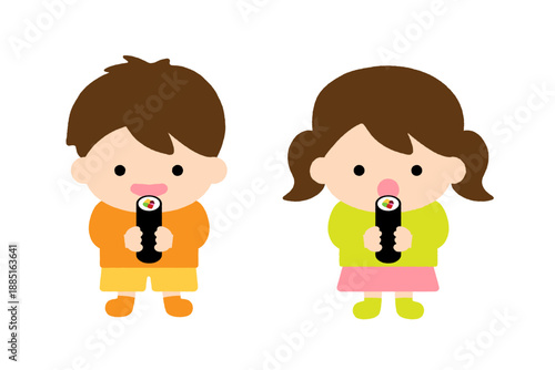 節分の恵方巻きを食べる男の子と女の子の子どもイラスト｜かわいい日本の行事素材