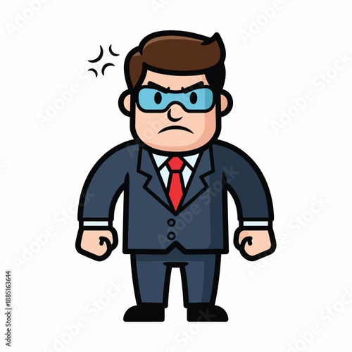 A cartoon man in a suit with a frowning face