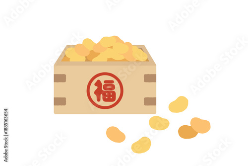 節分の豆まき用の枡と福の文字と大豆のかわいい日本の行事イラスト素材